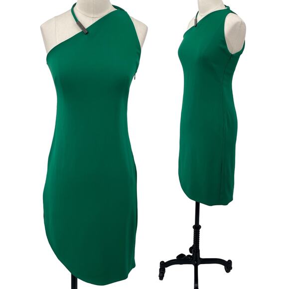 Halston Heritage Mini Dress One Shoulder Halter Choker Strap Asymmetric Green 2 - Picture 1 of 11